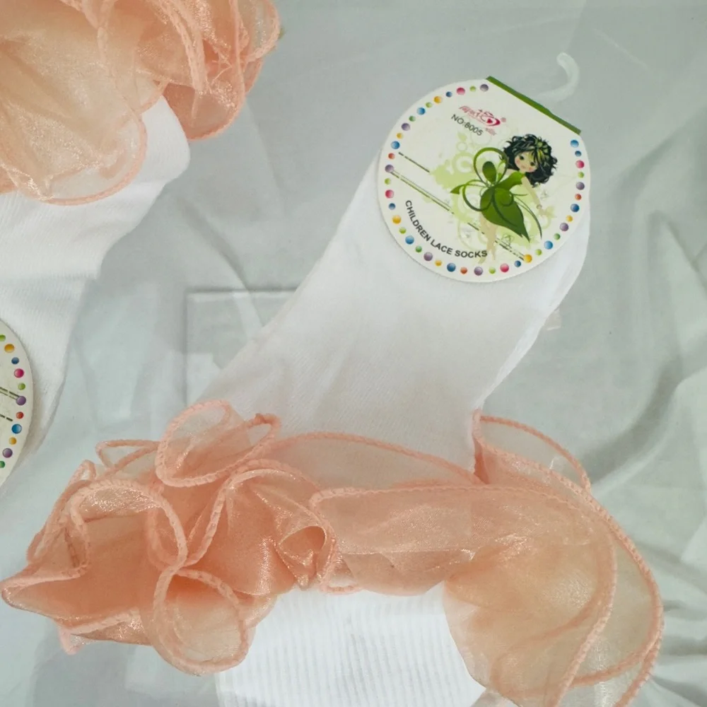 (3 Pair)Peach & White Kids Cotton with Organza Ruffle/Lace Socks.   (4-6yr)  NWT